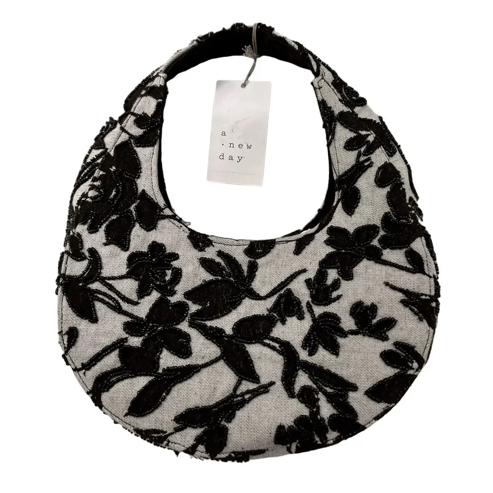TARGET A New Day Black Off-White Beaded Embroidered Mini Hobo Crescent Bag NEW